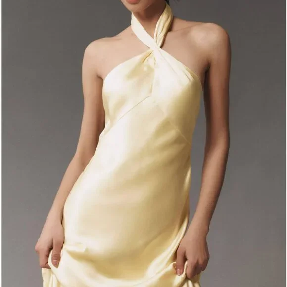 🌙 Anthropologie Halter Satin Maxi Dress – Noir Glam Luxe 🖤 - Picture 2 of 16